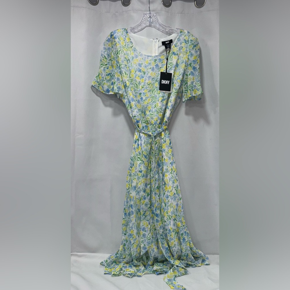 DKNY Light Blue, Yellow and Green Floral Maxi Dress